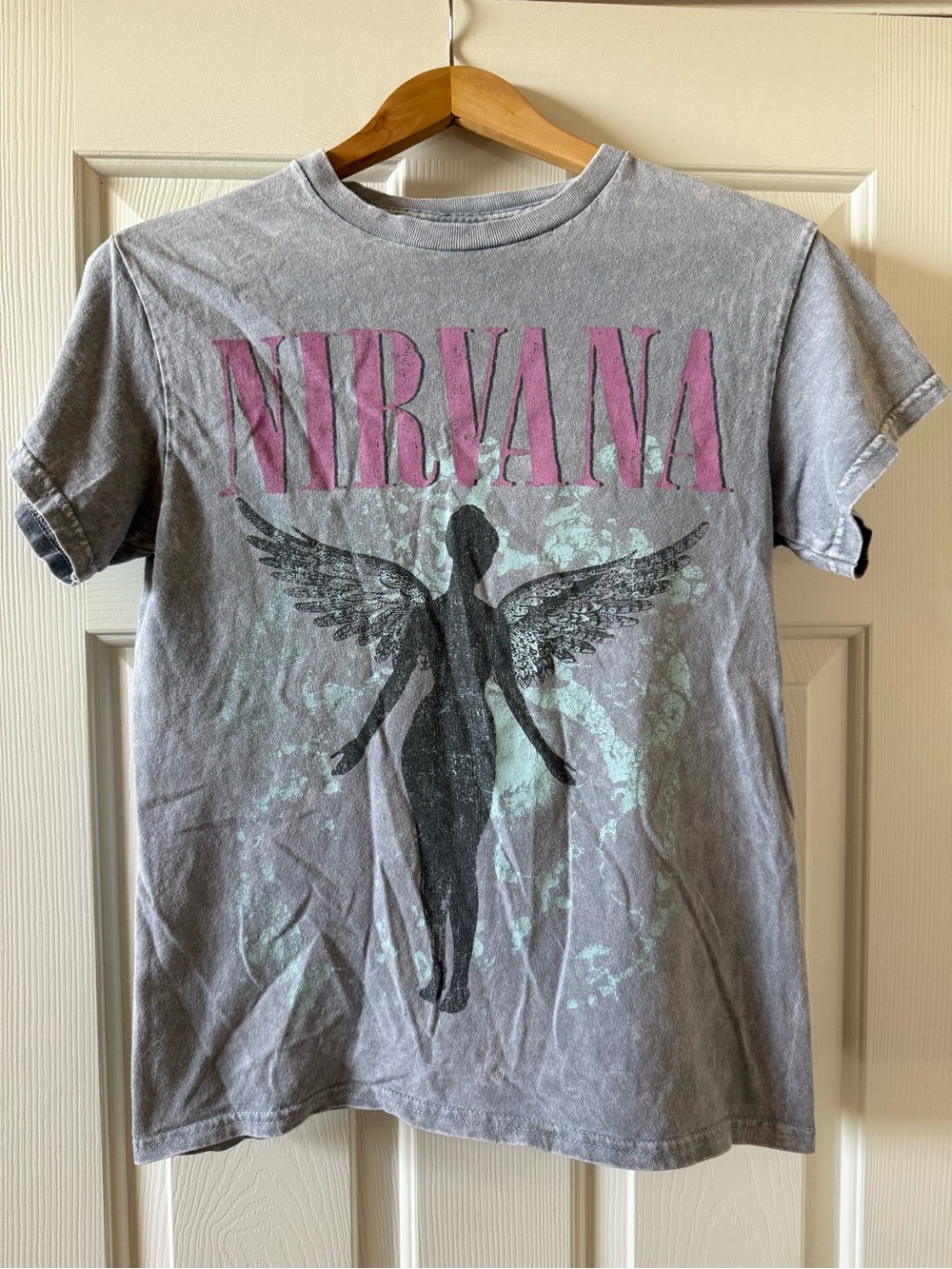NIRVANA Gray Tee with Pink Logo and Black Angel Graphic